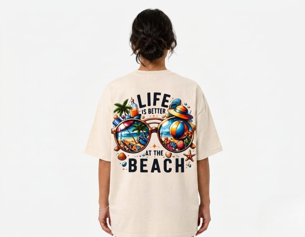 Life is at the beach beige boxi fit t-shirt